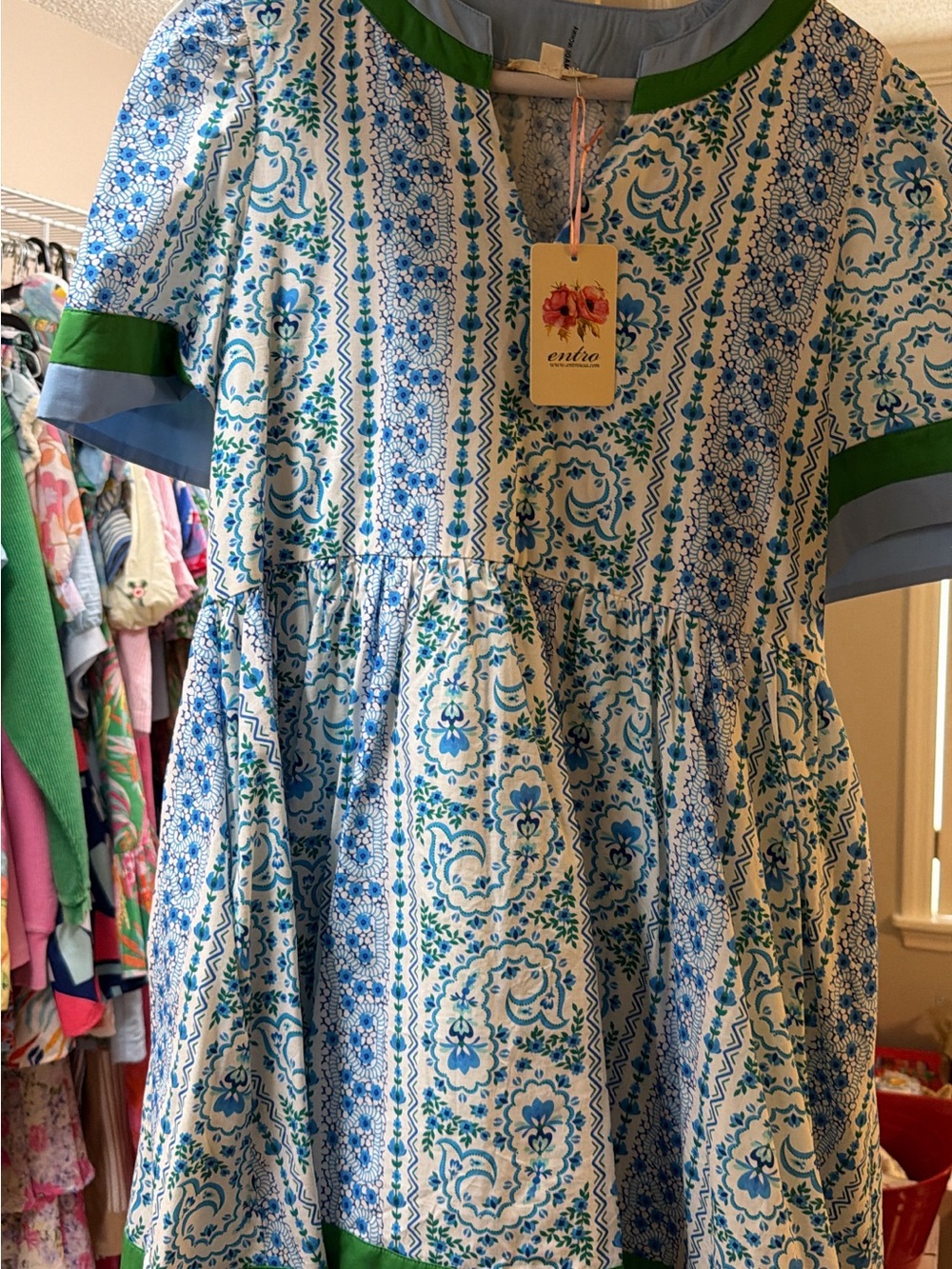 entro Blue, Green & White Floral Stripe Girls' Dress